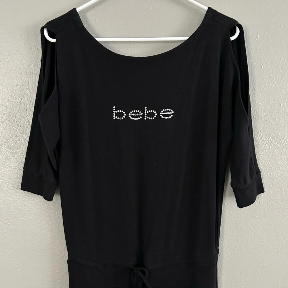 Bebe Black Silver Rhinestone Bling Spellout Logo Jumpsuit Size XS Y2K - Picture 2 of 10